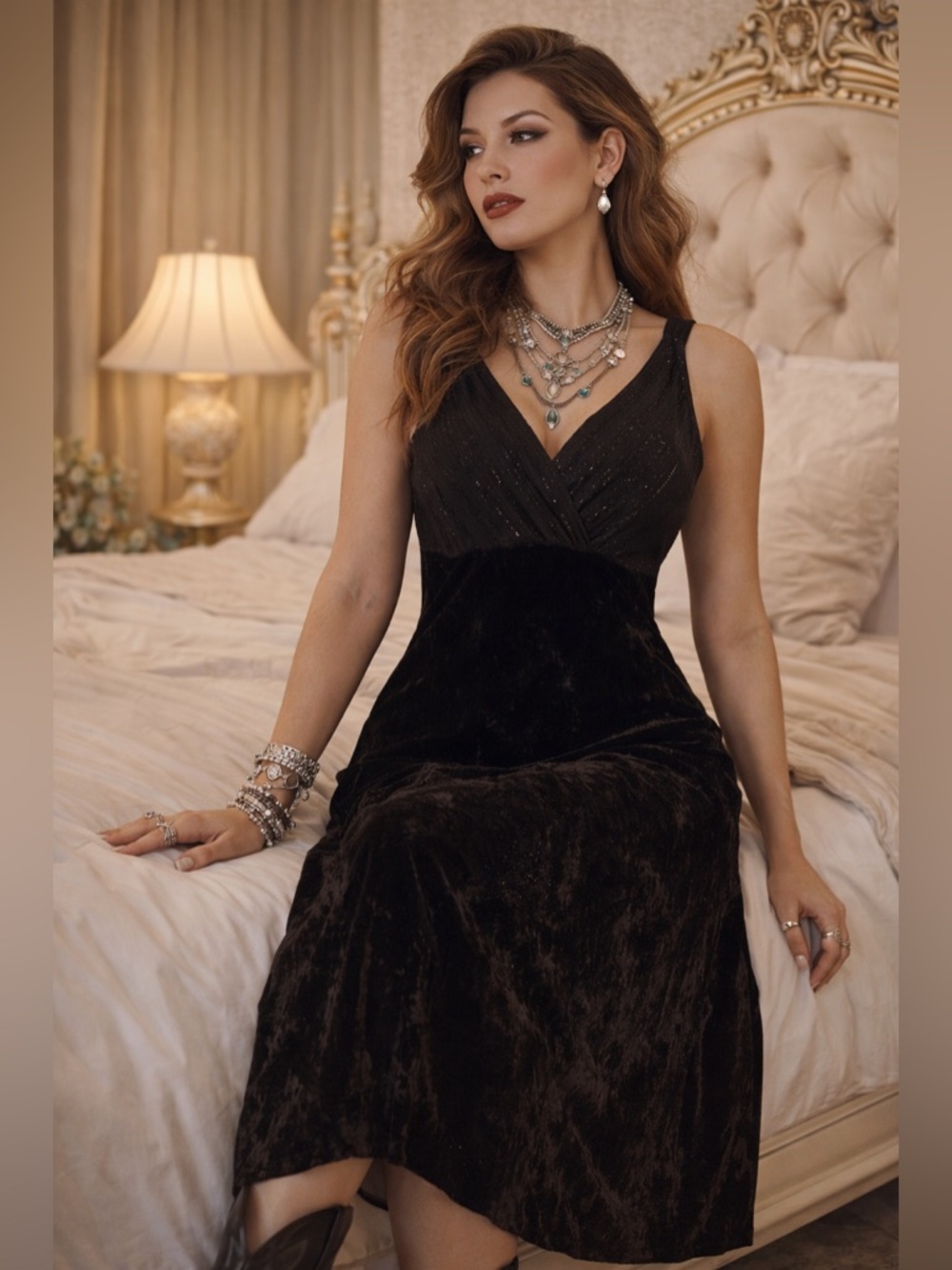 Vintage Black Velvet Chiffon Dress 14 Boho Festival Goth Midi